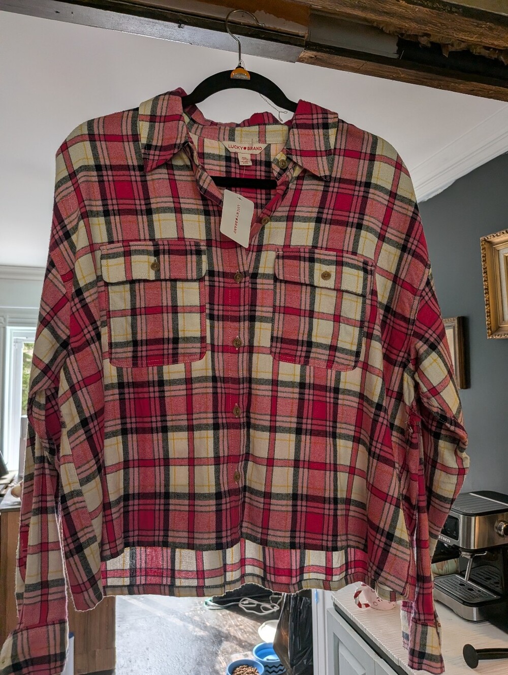 NWT Lucky Brand Pink And Cream Plaid Button Down Flannel Size Medium